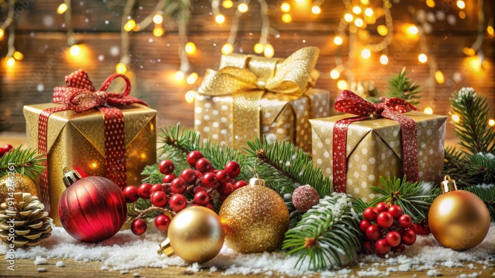 Wrapped presents adorned with red ribbons sit beneath twinkling lights, symbolizing the joy, anticipation, and magic of the holiday season. Wrapped presents adorned with red ribbons sit beneath twinkling lights, symbolizing the joy, anticipation, and magic of the holiday season.