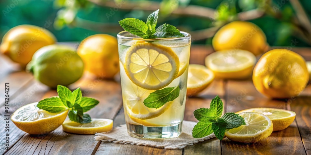A glass of lemonade with fresh mint leaves and lemon slices, symbolizing refreshment, summer, health, citrus, and a healthy lifestyle. A glass of lemonade with fresh mint leaves and lemon slices, symbolizing refreshment, summer, health, citrus, and a healthy lifestyle.