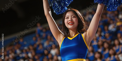 asian cheerleader cheering in basketball stadium, blank blue outfit, yellow trim, 