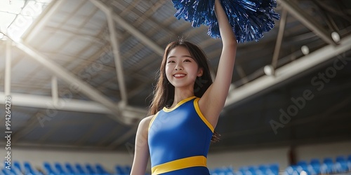 asian cheerleader cheering in basketball stadium, blank blue outfit, yellow trim, 