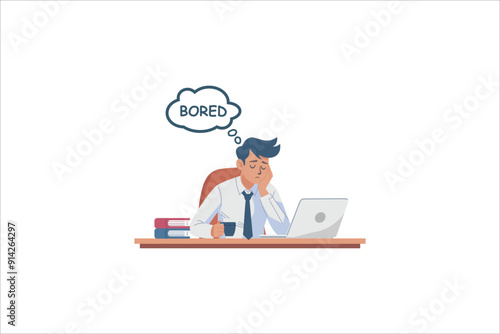 Bored young man at the desk with tired expressions.