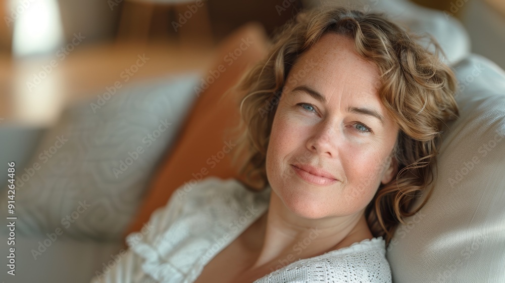 Smiling middle-aged woman enjoying relaxation on a stylish sofa in a light-filled, contemporary setting. Smiling middle-aged woman enjoying relaxation on a stylish sofa in a light-filled, contemporary setting.