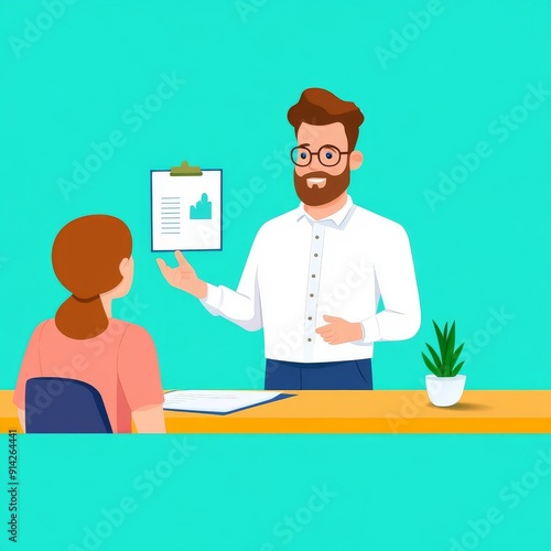 A man presents a report to a woman in a modern office setting, fostering collaboration and discussion on business growth.