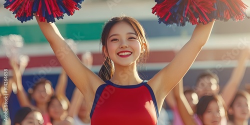 asian cheerleader cheering in stadium, blank red outfit, navy blue trim, 