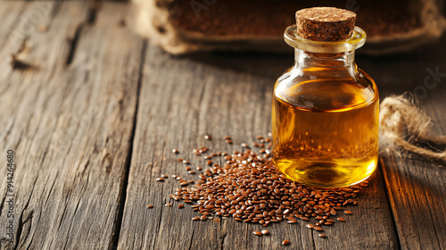 Freshly made flaxseed oil in a glass bottle with whole flaxseeds on a rustic wooden table