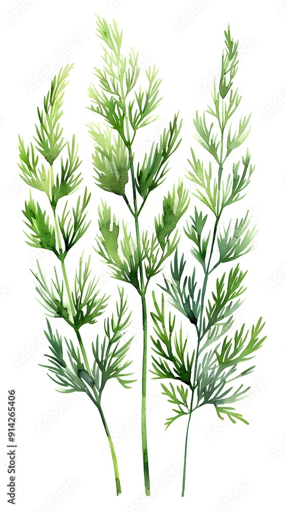 Delicate Watercolor Dill Leaves Set on Pristine White Background with Ample Copy Space Delicate Watercolor Dill Leaves Set on Pristine White Background with Ample Copy Space