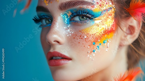 A close-up of a woman's face with vibrant, colorful makeup and detailed eye makeup, paired with a feather accessory, ideal for use in beauty, fashion, and artistic expression contexts,