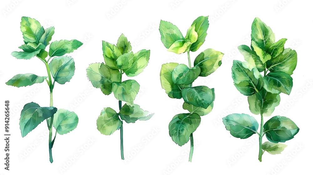 Vibrant Watercolor Mint Sprigs Set Against Clean White Background Vibrant Watercolor Mint Sprigs Set Against Clean White Background