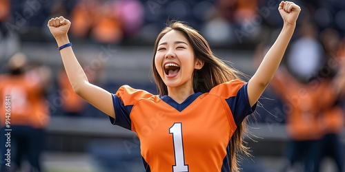 asian female fan cheering in stadium, blank bright orange football jersey, navy blue trim, white number "1" 