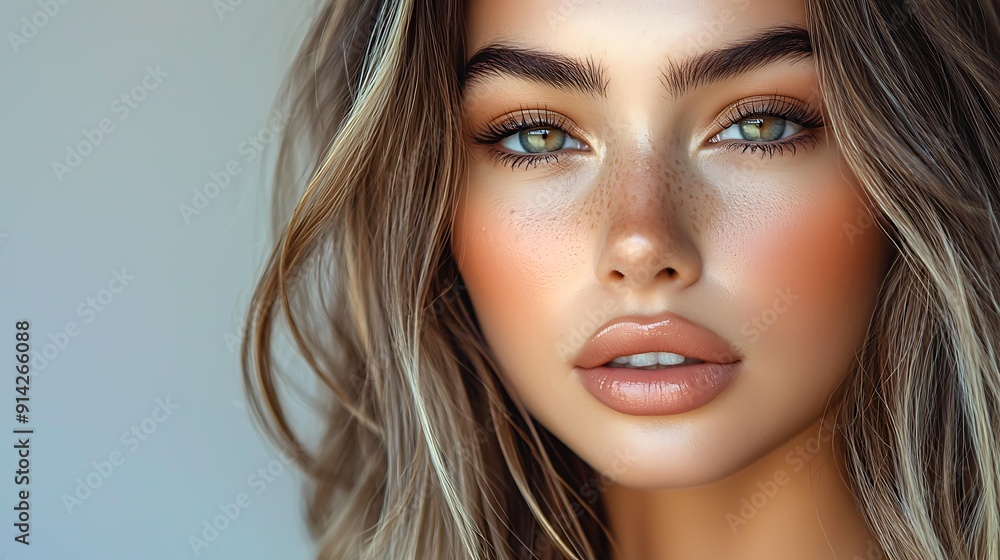 Fototapeta premium A close-up portrait of a woman with flawless makeup, natural freckles, and wavy hair, perfect for beauty and fashion promotions, skincare ads, or editorial content,