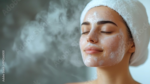 A woman with a bubbly facial mask and a towel on her head enjoys a relaxing steam facial, Perfect for content related to skincare, self-care, and wellness, photo