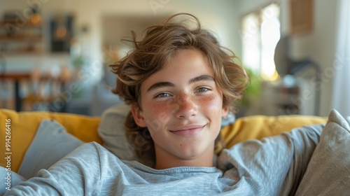 A cheerful teenage boy enjoys the comfort of a sofa in a bright, modern living space.