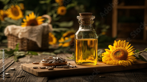 Freshly made sunflower seed oil in a glass bottle with whole sunflower seeds on a wooden board photo