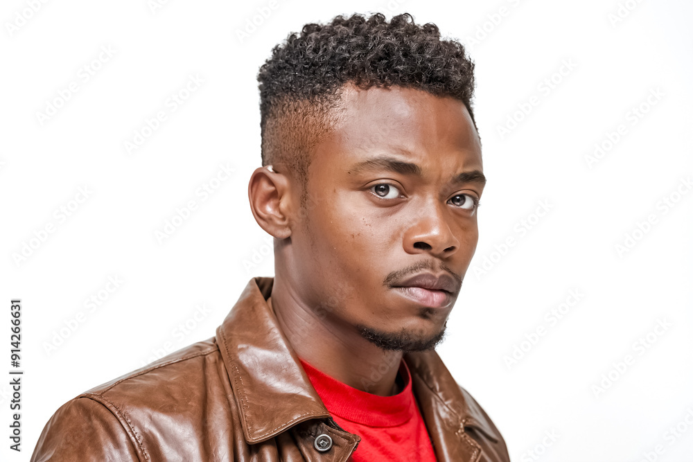 Obraz premium Portrait of a young African American man in a brown leather jacket