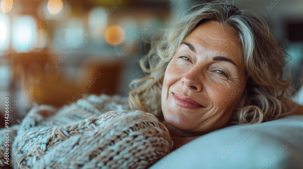 Smiling middle-aged woman lounging comfortably on a cozy sofa in a well-lit, contemporary living room. Smiling middle-aged woman lounging comfortably on a cozy sofa in a well-lit, contemporary living room.