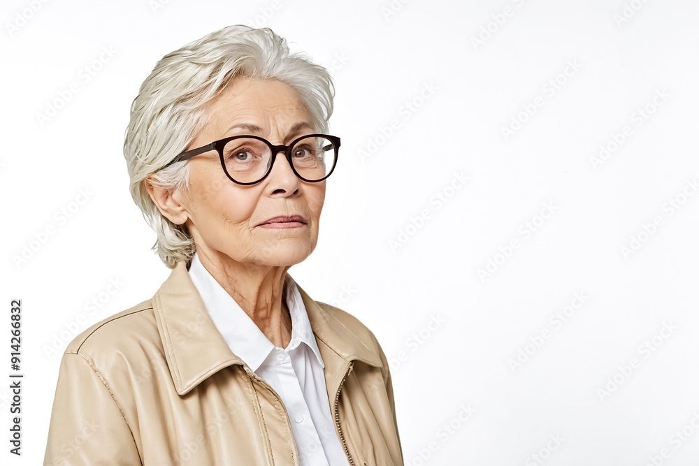 Fototapeta premium Senior Woman with Glasses Wearing Leather Jacket Looking to the Right