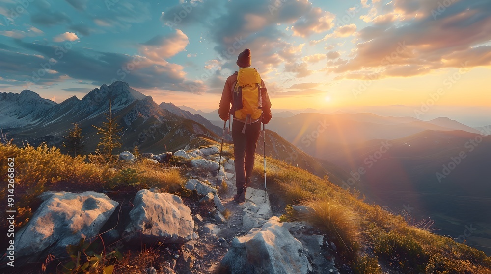Hiker on Rugged Mountain Trail at Breathtaking Sunrise Scenic View Hiker on Rugged Mountain Trail at Breathtaking Sunrise Scenic View
