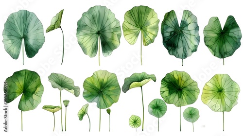 Vibrant Watercolor Lotus Leaves Set on Serene White Background with Detailed Botanical Design