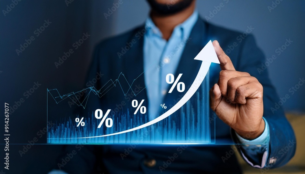 Interest rate and dividend, Businessman hold up arrow icon and percentage with graph indicators for investment growth. business financial investment, business growth, income, marketing and profit Interest rate and dividend, Businessman hold up arrow icon and percentage with graph indicators for investment growth. business financial investment, business growth, income, marketing and profit
