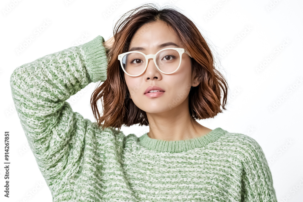 Young Woman in Green Knit Sweater and White Eyeglasses
