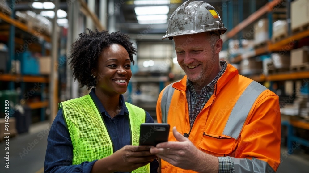 Warehouse Teamwork: A diverse team of warehouse workers collaborate on a project, using a smartphone to check inventory and ensure efficiency. Warehouse Teamwork: A diverse team of warehouse workers collaborate on a project, using a smartphone to check inventory and ensure efficiency.