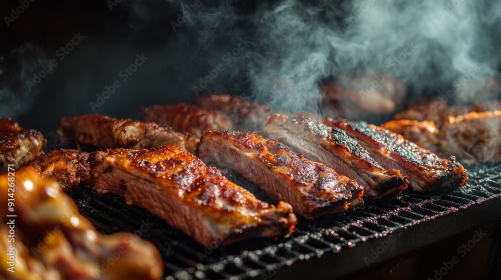 Juicy ribs sizzle and smoke on a charcoal grill as evening light casts a warm glow, enhancing the appetizing scene. Juicy ribs sizzle and smoke on a charcoal grill as evening light casts a warm glow, enhancing the appetizing scene.