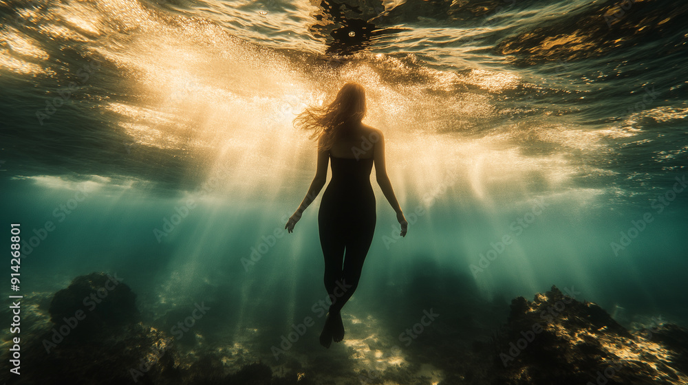 Fototapeta premium A figure swimming in sunlit water, surrounded by shimmering light and rocky underwater formations
