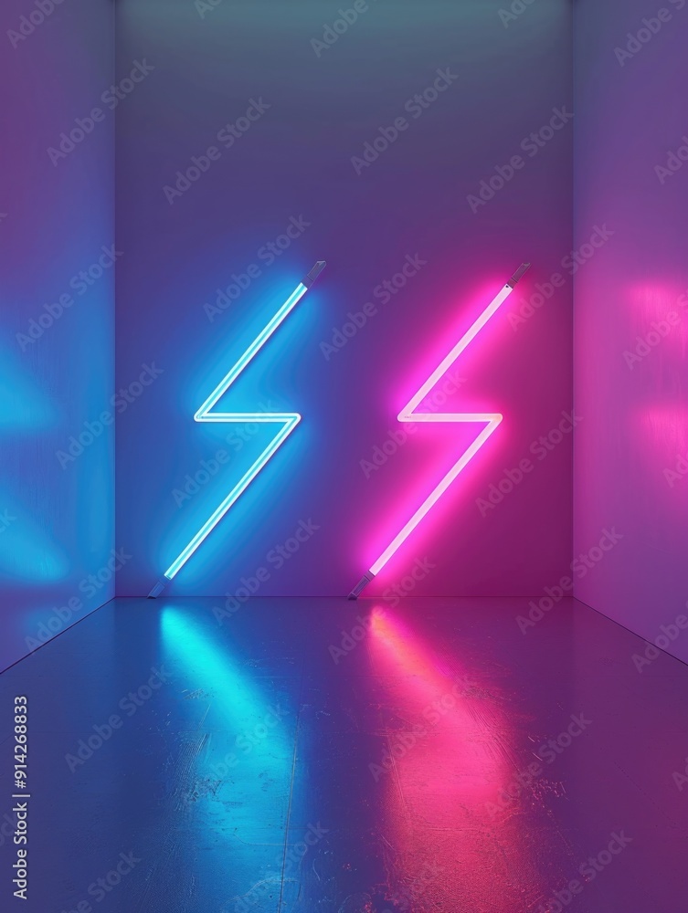 A room with white walls lit by three neon lights A room with white walls lit by three neon lights