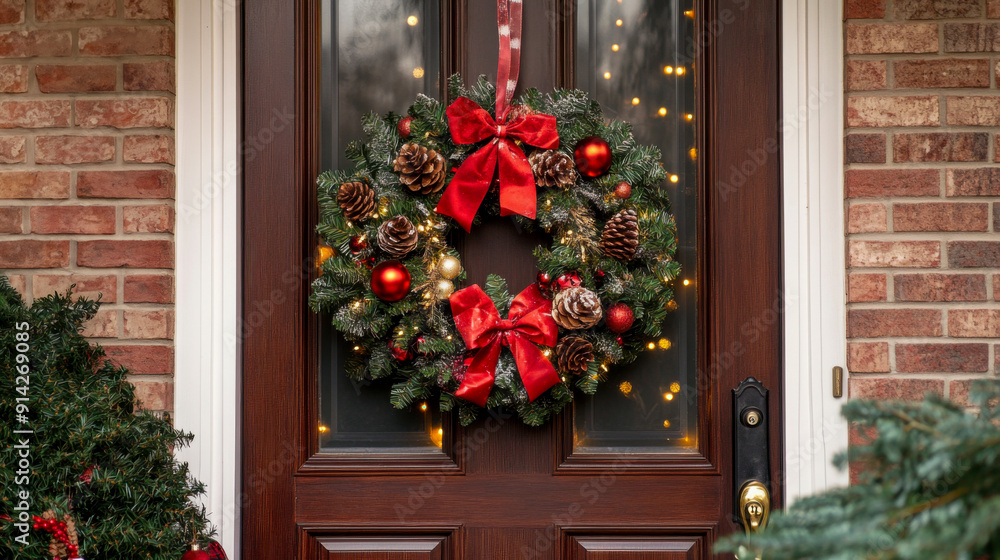 Naklejka premium Festive Holiday Wreath Adorned With Pinecones and Bows Hanging on Front Door in Winter