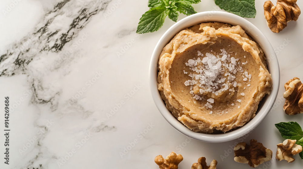 Golden-brown roasted walnut butter with a sprinkle of sea salt on a marble background Golden-brown roasted walnut butter with a sprinkle of sea salt on a marble background