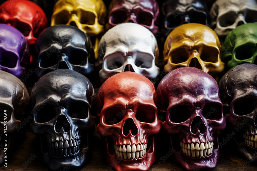 Fullrframe of Skulls Arranged on a Wooden Surface. Generative AI Fullrframe of Skulls Arranged on a Wooden Surface. Generative AI