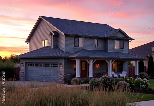 Exterior of a house with front door, white siding, and a covered porch. The house is surrounded by lush green landscaping including trees, shrubs,  photo