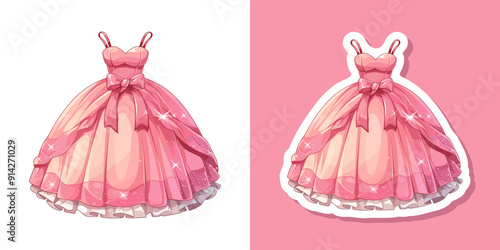 Vector princess pink dress, illustration of beautiful fluffy ball dress, fairytale princess clothes 19th century vintage style set