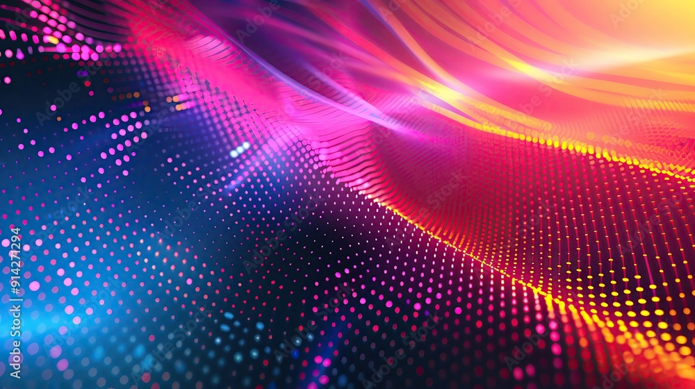 Vibrant abstract wave background with glowing dots in various colors, perfect for digital art and technology themes. Vibrant abstract wave background with glowing dots in various colors, perfect for digital art and technology themes.