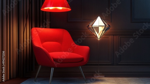 Modern red chair with himmeli diamond lamp, contemporary design, vibrant colors, geometric decor, stylish setting, 3d render photo