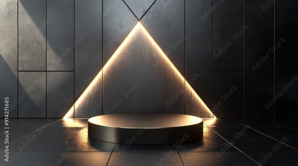Dark modern podium illuminated by triangular neon lights in a sleek, futuristic setting Dark modern podium illuminated by triangular neon lights in a sleek, futuristic setting