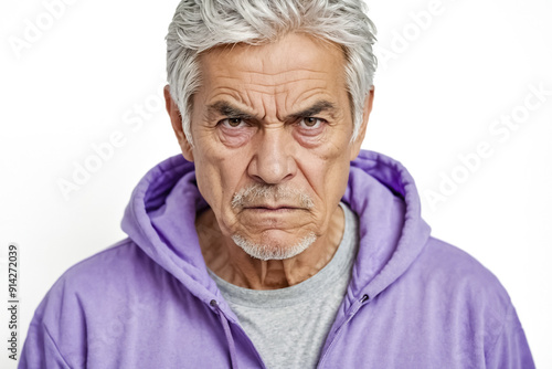 Senior Man In Purple Hoodie Looking Angry