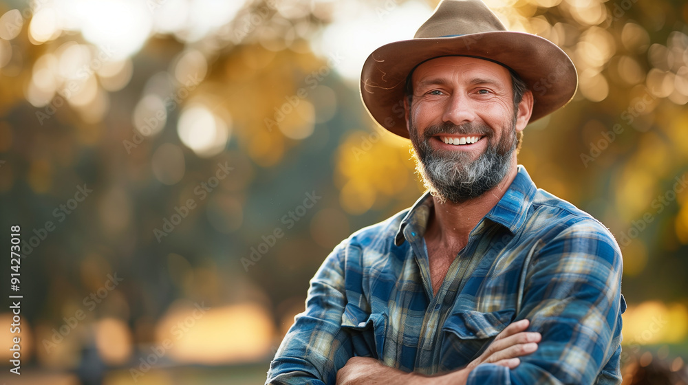 Smiling farmer in a hat standing outdoors during golden hour Smiling farmer in a hat standing outdoors during golden hour