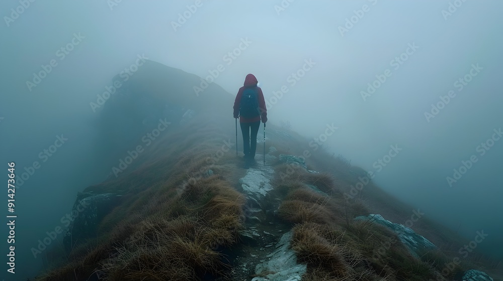Hiker navigating through dense fog on a mysterious mountain trail Hiker navigating through dense fog on a mysterious mountain trail