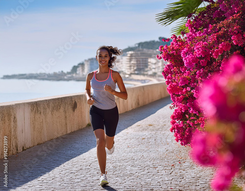 Belle femme sportive fait de la course à pieds sur un chemin en bord de mer photo