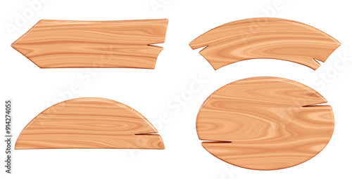 Fototapeta Naklejka Na Ścianę i Meble -  Wooden plaque for text box in form of arrow, full and half oval, arch. Cartoon 3d render illustration of signboard with light brown wood texture. Timber plank or board. Road signpost frame.
