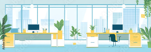 Illustration of a Co-working Office Space with Computers and Plants