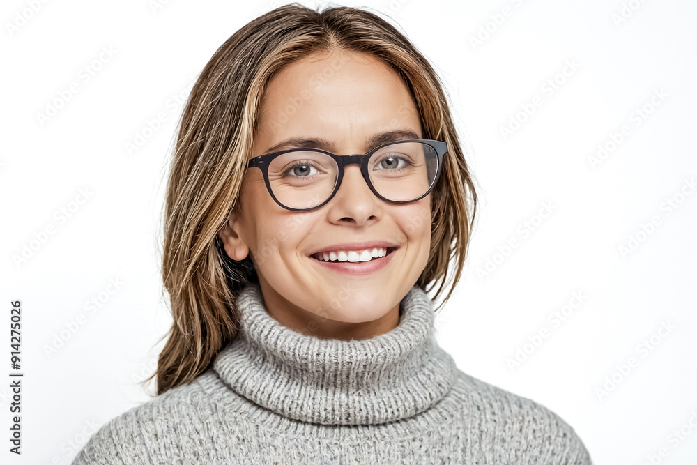 Close-up Portrait of a Smiling Woman Wearing Glasses and a Grey Sweater Close-up Portrait of a Smiling Woman Wearing Glasses and a Grey Sweater
