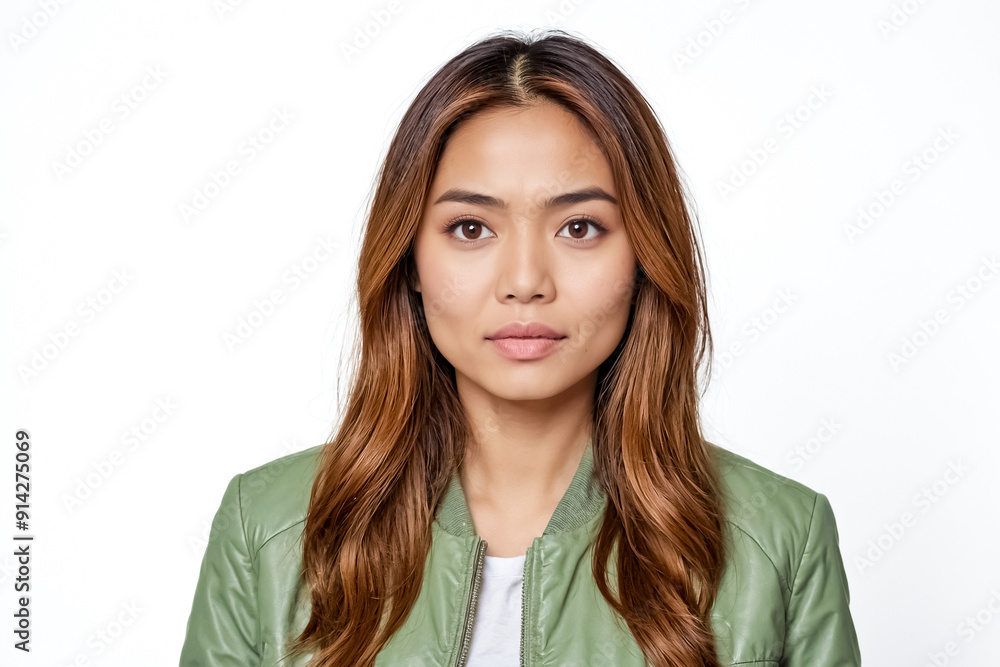 Portrait of a young woman with long brown hair and a green jacket Portrait of a young woman with long brown hair and a green jacket