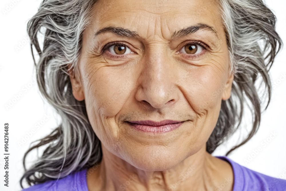 Close-up of a senior woman's face with gray hair and a soft smile Close-up of a senior woman's face with gray hair and a soft smile