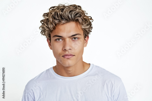 Young Man With Curly Hair Looking Straight Ahead