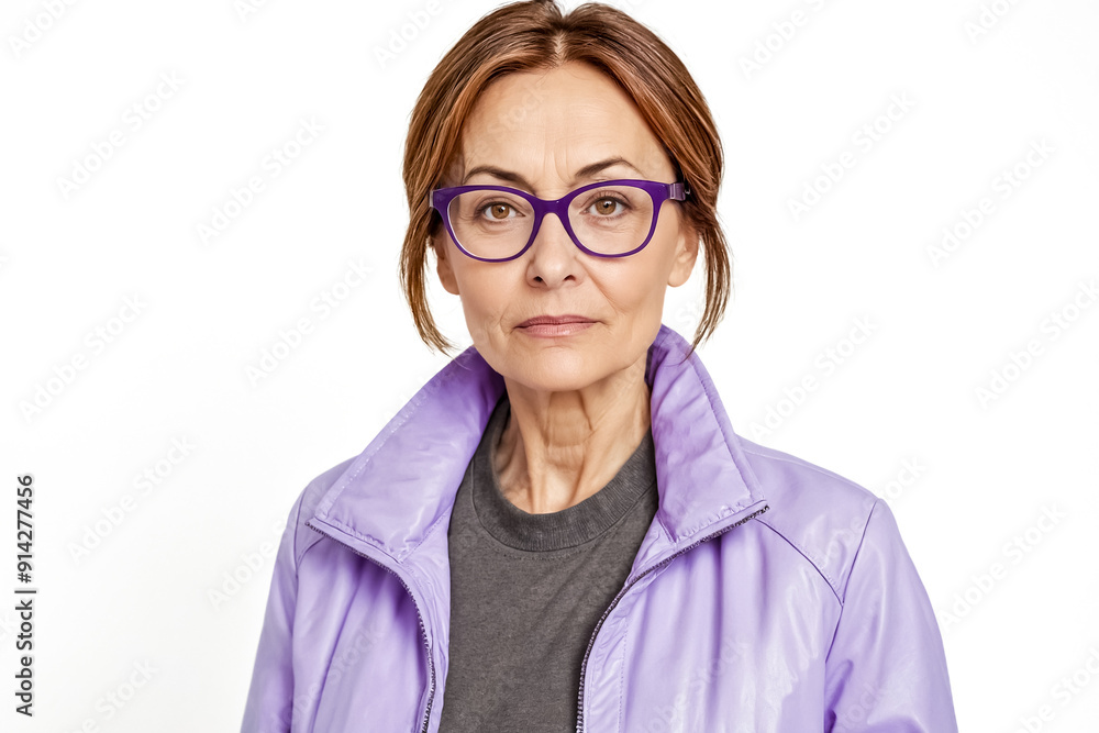 Portrait of a confident woman wearing glasses and a purple jacket Portrait of a confident woman wearing glasses and a purple jacket