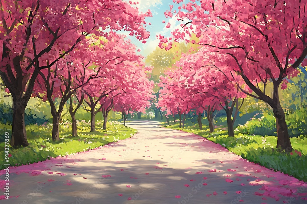 Naklejka premium Serene Avenue of Redbud Trees with Bright Pink Flowers - Beautiful Illustration of a Tranquil Landscape Scene