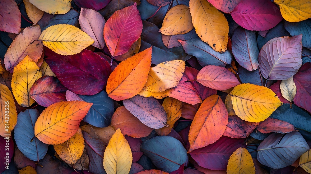 A Collection of Vibrant Autumn Leaves in Various Shades of Red, Yellow, and Blue A Collection of Vibrant Autumn Leaves in Various Shades of Red, Yellow, and Blue