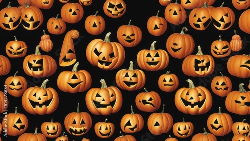 Row of jack-o'-lantern pumpkins with traditional carved faces on a dark grey background.